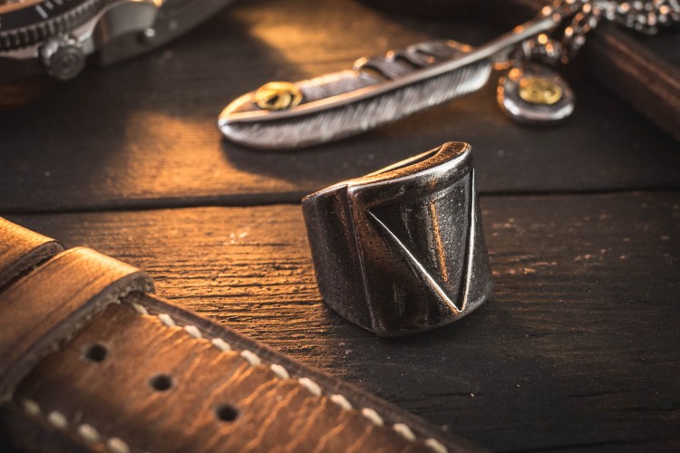 Darroch - Large Antiqued Stainless Steel Square Men's Signet Ring with a Triangle from STRAPSANDBRACELETS