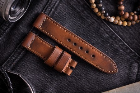 Antiqued Handmade 20/20mm Veg Tan Brown Leather Strap 120/72mm with Contrast Stitching