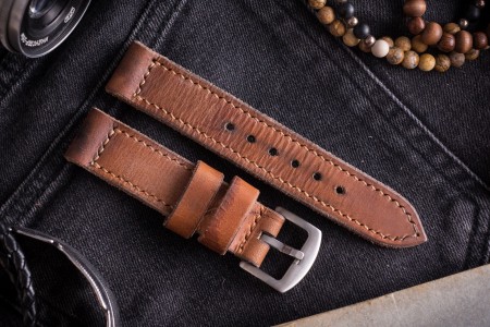 Antiqued Handmade 20/20mm Veg Tan Brown Leather Strap 125/80mm with Contrast Stitching