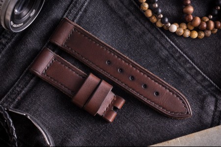 Antiqued Handmade 22/22mm Veg Tan Dark Brown Leather Strap 125/75mm with Black Stitching