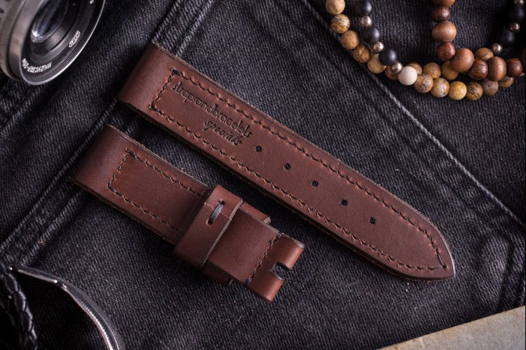 Antiqued Handmade 22/22mm Veg Tan Dark Brown Leather Strap 125/75mm with Black Stitching from STRAPSANDBRACELETS