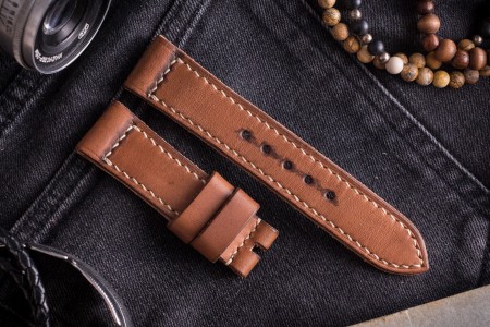 Antiqued Handmade 22/20mm Veg Tan Light Brown Leather Strap 125/75mm With Contrast Beige Stitching