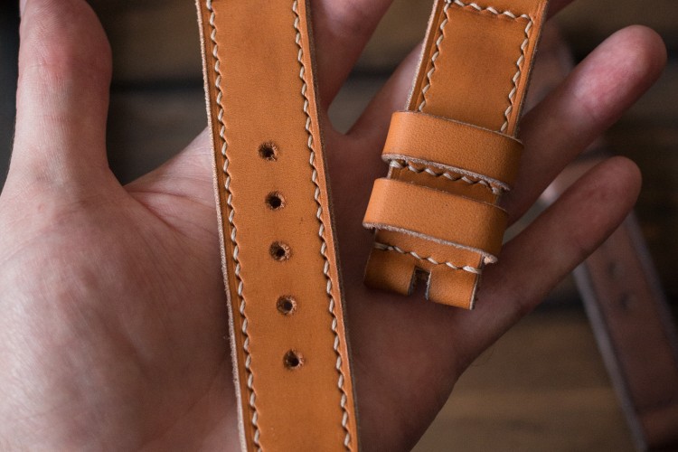 MV004 Antiqued Handmade 24/24mm Light Brown Leather Strap With Beige Stitching from STRAPSANDBRACELETS