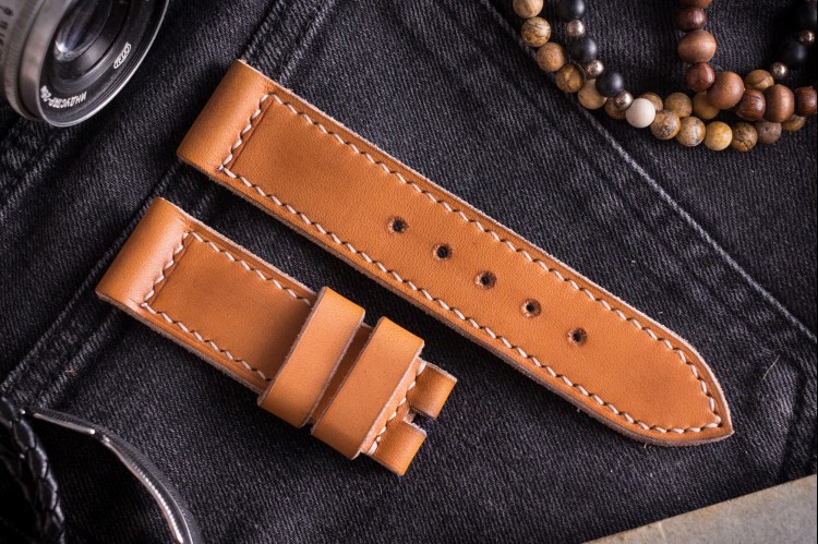 MV004 Antiqued Handmade Light Brown Leather Strap With Beige Stitching from STRAPSANDBRACELETS