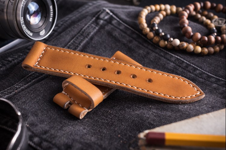 MV004 Antiqued Handmade Light Brown Leather Strap With Beige Stitching from STRAPSANDBRACELETS