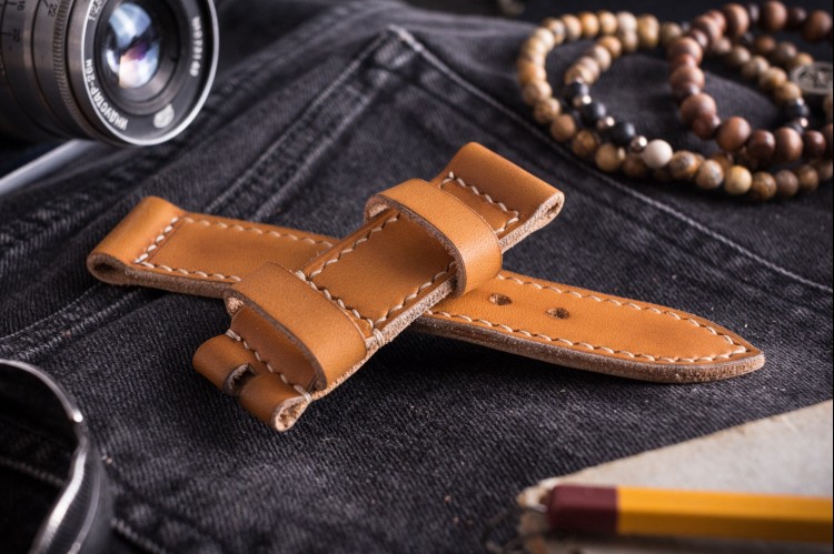 MV004 Antiqued Handmade 24/24mm Light Brown Leather Strap With Beige Stitching from STRAPSANDBRACELETS