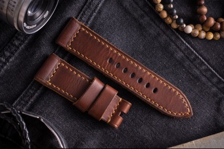 Antiqued Handmade 24/22mm Veg Tan Brown Leather Strap 120/75mm with Contrast Stitching