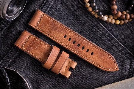 Antiqued Handmade 24/24mm Veg Tan Light Brown Leather Strap 130/80mm with Beige Stitching