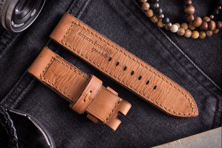 Antiqued Handmade 24/24mm Veg Tan Light Brown Leather Strap 130/80mm with Beige Stitching from STRAPSANDBRACELETS
