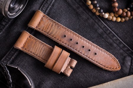 Egiziano III-B - Antiqued Handmade Thick 24/22mm Veg Tan Brown Leather Panerai Strap 130/80mm With Brown Stitching