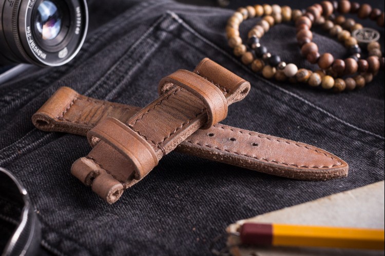 Egiziano III-B - Antiqued Handmade Thick 24/22mm Veg Tan Brown Leather Panerai Strap 130/80mm With Brown Stitching from STRAPSANDBRACELETS