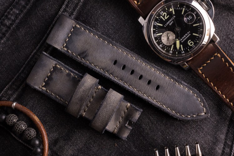Grey Antiqued Handmade 24/24mm Leather Strap 125/80mm With Light Grey Stitching from STRAPSANDBRACELETS