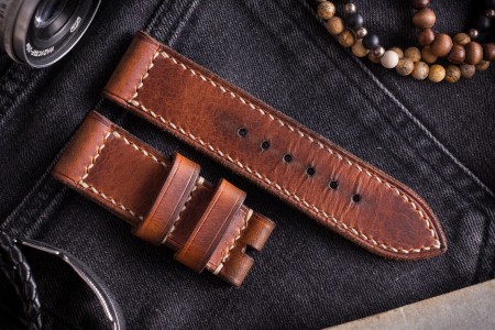 Handmade 26/26mm Cognac Brown Badalassi Pull Up Leather Strap 130/75mm with Contrast Stitching
