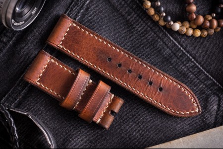 Handmade 26/26mm Cognac Brown Badalassi Pull Up Leather Strap 130/75mm with Contrast Stitching