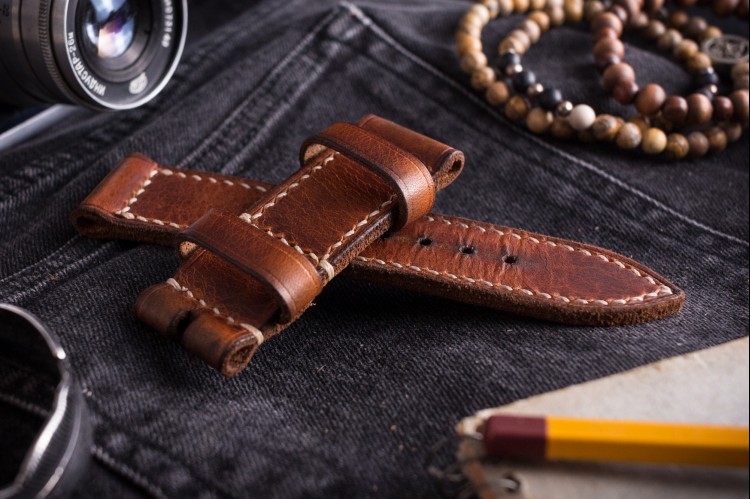 Handmade 26/26mm Cognac Brown Badalassi Pull Up Leather Strap 130/75mm with Contrast Stitching from STRAPSANDBRACELETS
