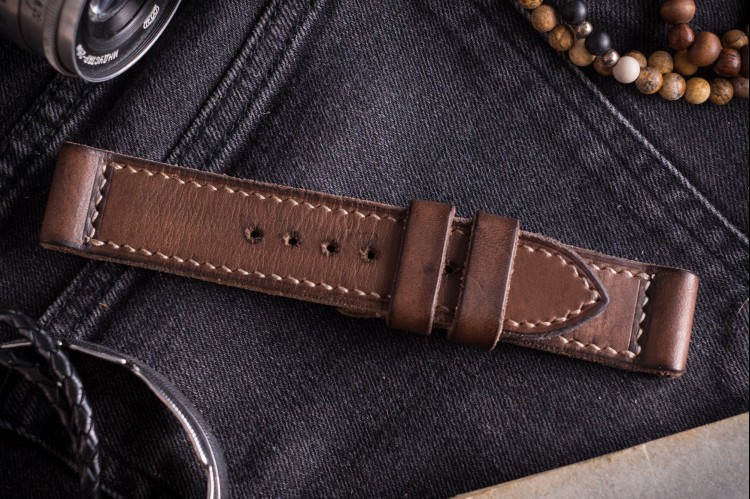 MV001 Antiqued Handmade Vintage Brown Leather Strap With Beige Stitching from STRAPSANDBRACELETS