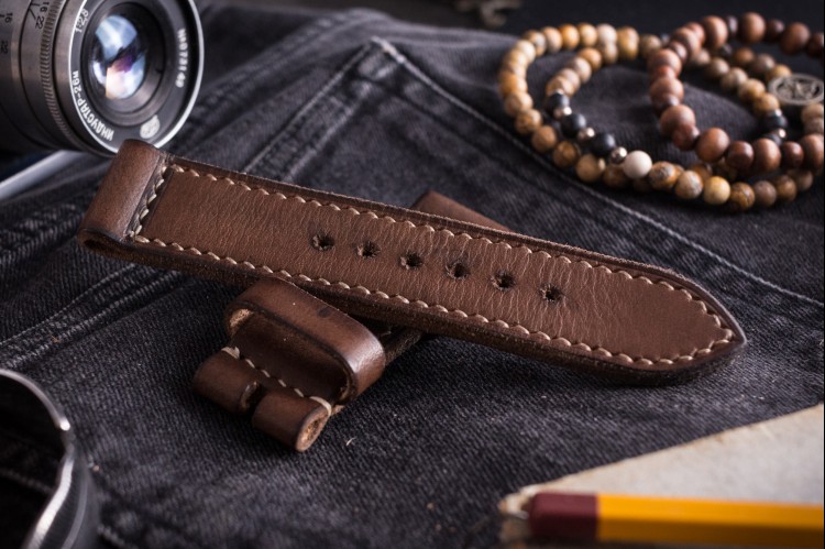 MV001 Antiqued Handmade 24/24mm Vintage Brown Leather Strap With Beige Stitching from STRAPSANDBRACELETS