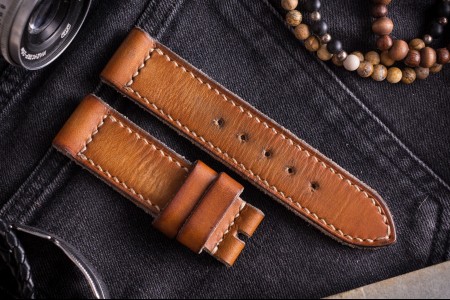 MV002 Antiqued Handmade Vintage Light Brown Leather Strap With Beige Stitching