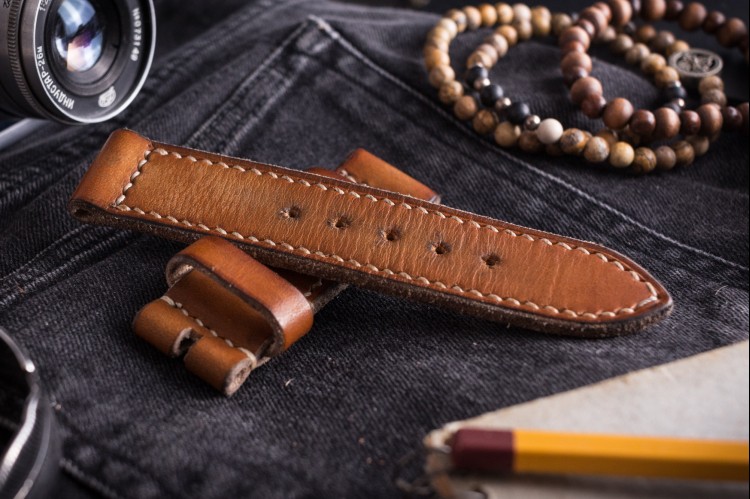 MV002 Antiqued Handmade Vintage Light Brown Leather Strap With Beige Stitching from STRAPSANDBRACELETS