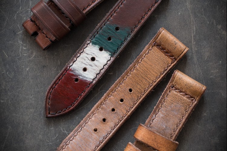 MV022 The Tricolor, Dark Reddish Brown Leather Strap With Black Stitching and Italian Flag Stripes from STRAPSANDBRACELETS