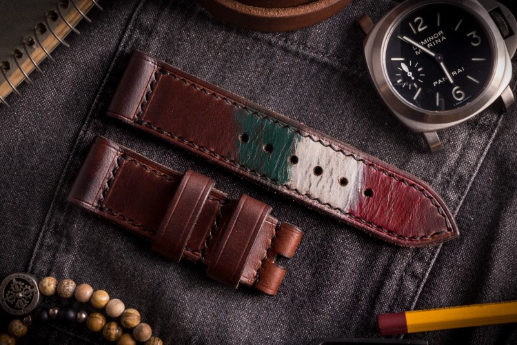 MV022 The Tricolor, Dark Reddish Brown Leather Strap With Black Stitching and Italian Flag Stripes from STRAPSANDBRACELETS