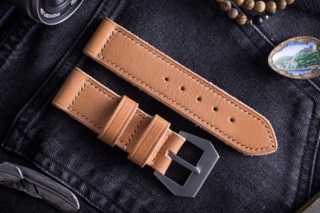 MV021 Handmade, Light Camel Brown Leather Strap With Beige Stitching 