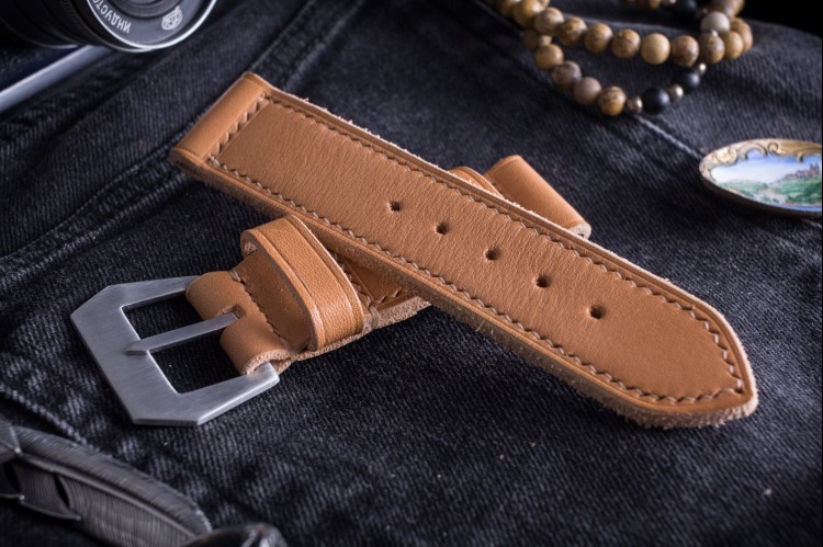 MV021 Handmade, Light Camel Brown Leather Strap With Beige Stitching from STRAPSANDBRACELETS