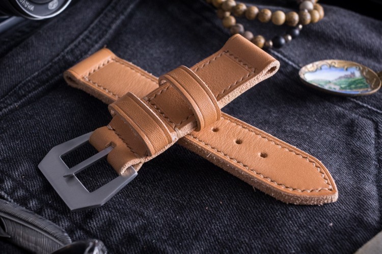 MV021 Handmade, Light Camel Brown Leather Strap With Beige Stitching from STRAPSANDBRACELETS