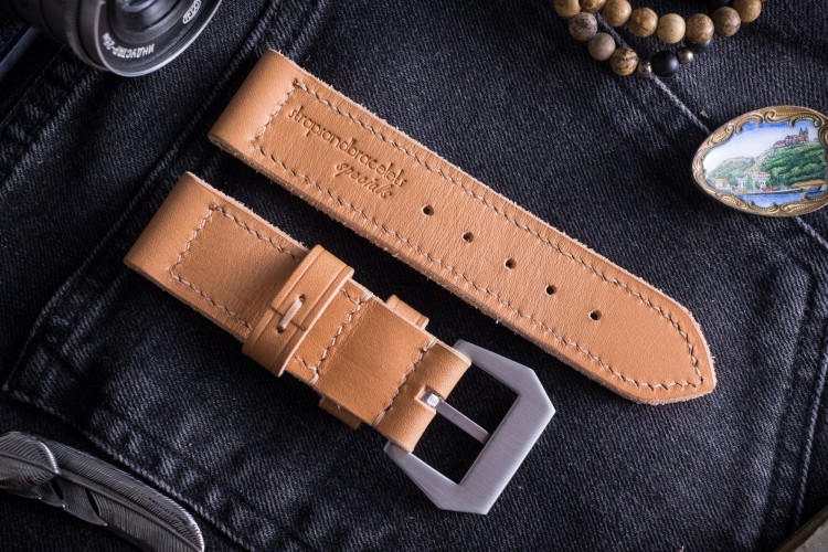 MV021 Handmade, Light Camel Brown Leather Strap With Beige Stitching from STRAPSANDBRACELETS