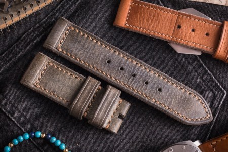 MV026 Handmade, Vintage Grey Leather Strap With Beige Stitching