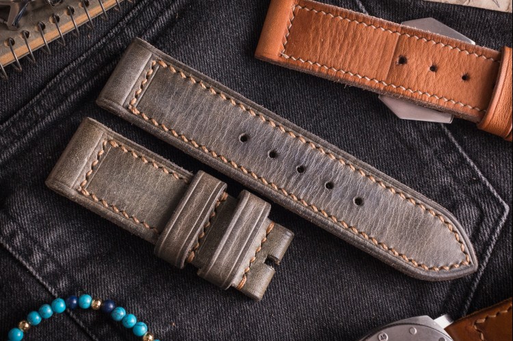 MV026 Handmade, Vintage Grey Leather Strap With Beige Stitching from STRAPSANDBRACELETS