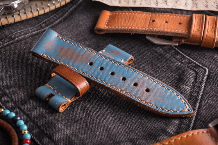 MV027 Vintage Light Blue Leather Strap with Beige Stitching and Brown Keepers from STRAPSANDBRACELETS