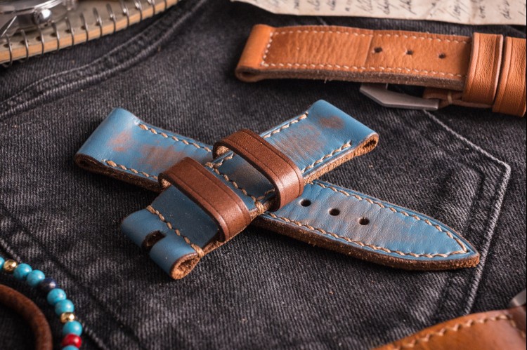 MV027 Vintage Light Blue Leather Strap with Beige Stitching and Brown Keepers from STRAPSANDBRACELETS