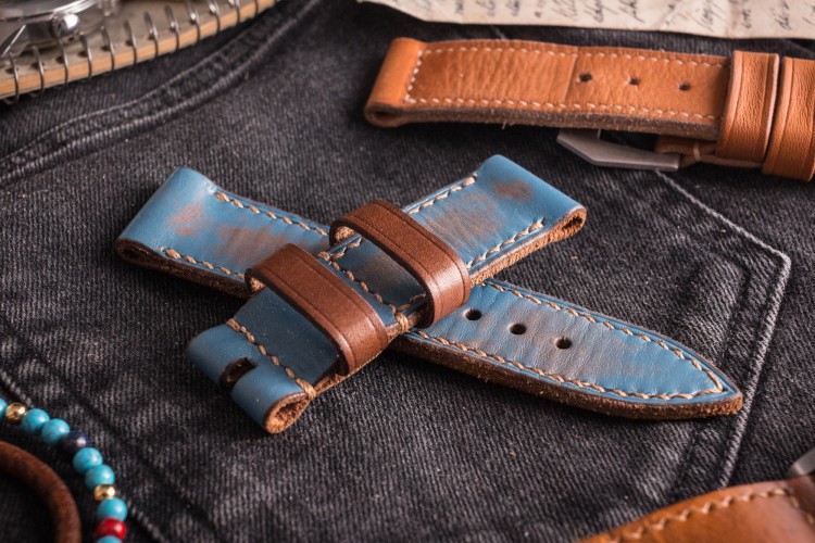 MV027 Vintage Light Blue Leather Strap with Beige Stitching and Brown Keepers from STRAPSANDBRACELETS