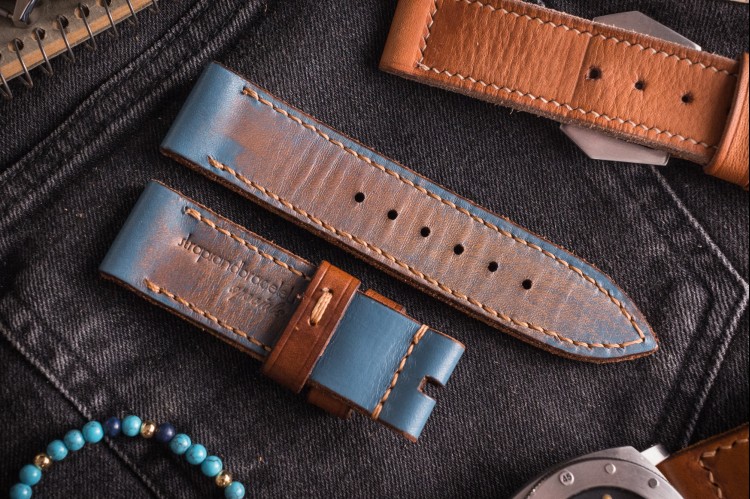 MV027 Vintage Light Blue Leather Strap with Beige Stitching and Brown Keepers from STRAPSANDBRACELETS