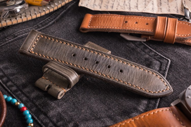 MV026 Handmade, Vintage Grey Leather Strap With Beige Stitching from STRAPSANDBRACELETS