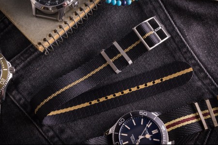 Black Adjustable Single Pass Slip Through Watch Strap with Embossed Beige Stripe (20 & 22mm)