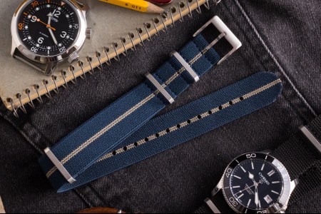 Blue and Beige Elastic Material Slip Through Nato Watch Strap (20 & 22mm)