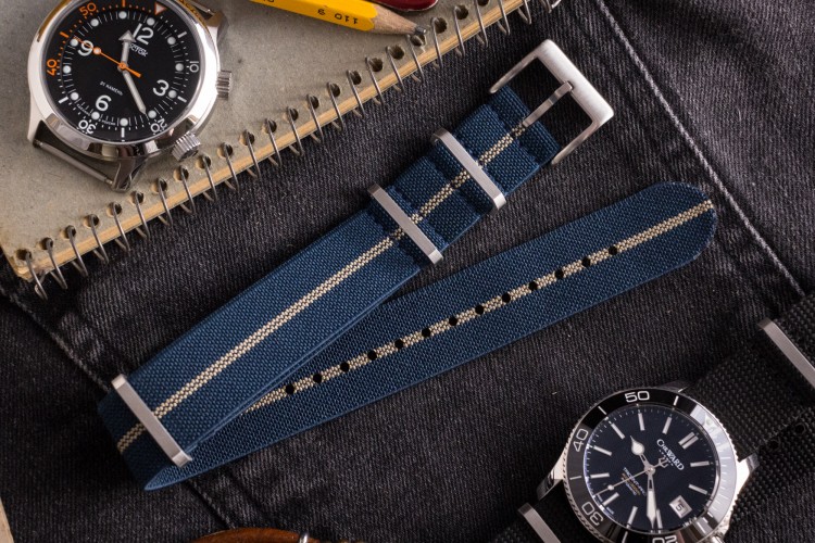 Blue and Beige Elastic Material Slip Through Nato Watch Strap (20 & 22mm) from STRAPSANDBRACELETS