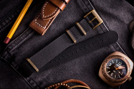 Bronze Hardware - Black Nylon Canvas Premium Slip Through Nato Watch Strap (20 & 22mm)