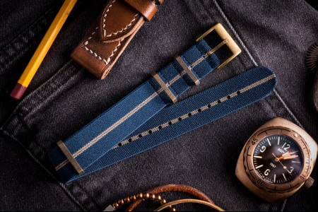Bronze Hardware - Blue and Beige Premium Elastic Slip Through Nato Watch Strap (20 & 22mm)