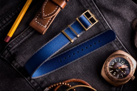 Bronze Hardware - Blue and Grey Adjustable Seat Belt Single Pass Slip Through Watch Strap (20 & 22mm)