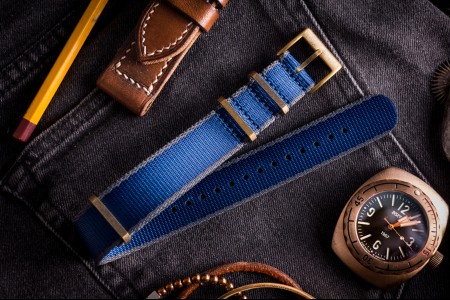 Bronze Hardware - Blue and Grey Premium Slip Through Nato Watch Strap (20 & 22mm)