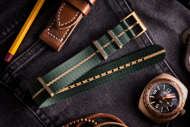 Bronze Hardware - Night Green and Beige Premium Slip Through Nato Watch Strap (20 & 22mm) from STRAPSANDBRACELETS