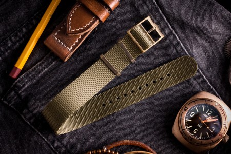 Bronze Hardware - Oil Green Adjustable Single Pass Slip Through Watch Strap (20 & 22mm)