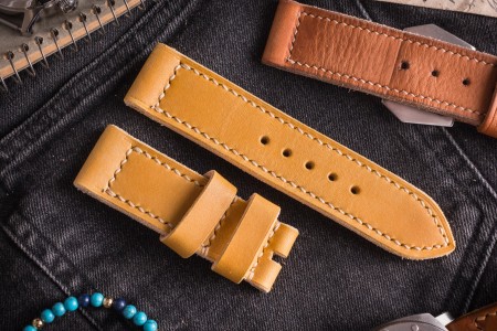 Handmade 24mm Yellow Leather Strap 125/75mm with Beige Stitching