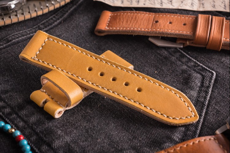 Handmade 24mm Yellow Leather Strap 125/75mm with Beige Stitching from STRAPSANDBRACELETS