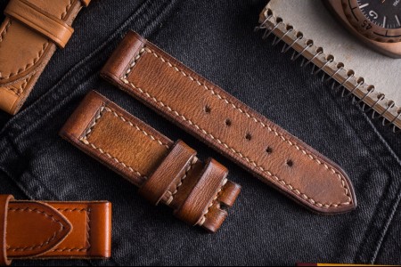 MV005 Antiqued Handmade Worn Vintage Brown Leather Strap With Beige Stitching