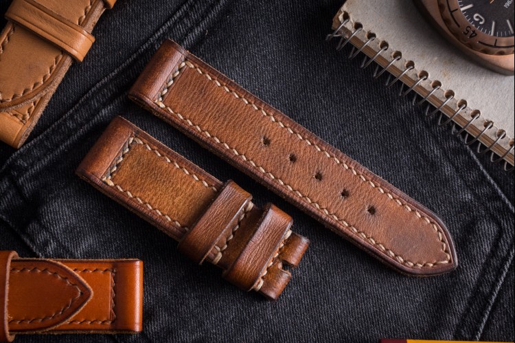 MV005 Antiqued Handmade Worn Vintage Brown Leather Strap With Beige Stitching from STRAPSANDBRACELETS