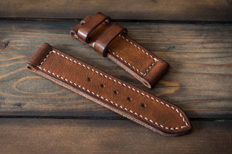 MV005 Antiqued Handmade Worn Vintage Brown Leather Strap With Beige Stitching from STRAPSANDBRACELETS